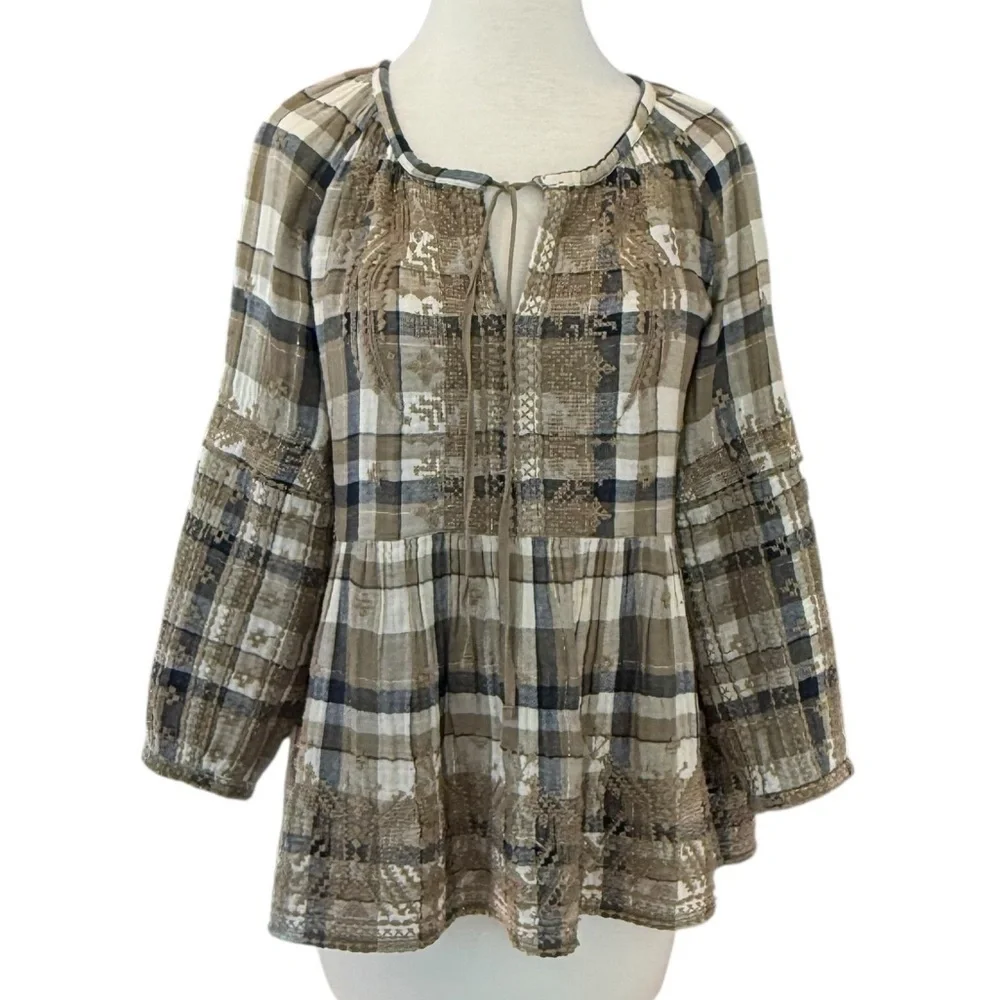 Johnny Was 3J Workshop Embroidered Plaid Tunic Blouse Boho Neutral Small